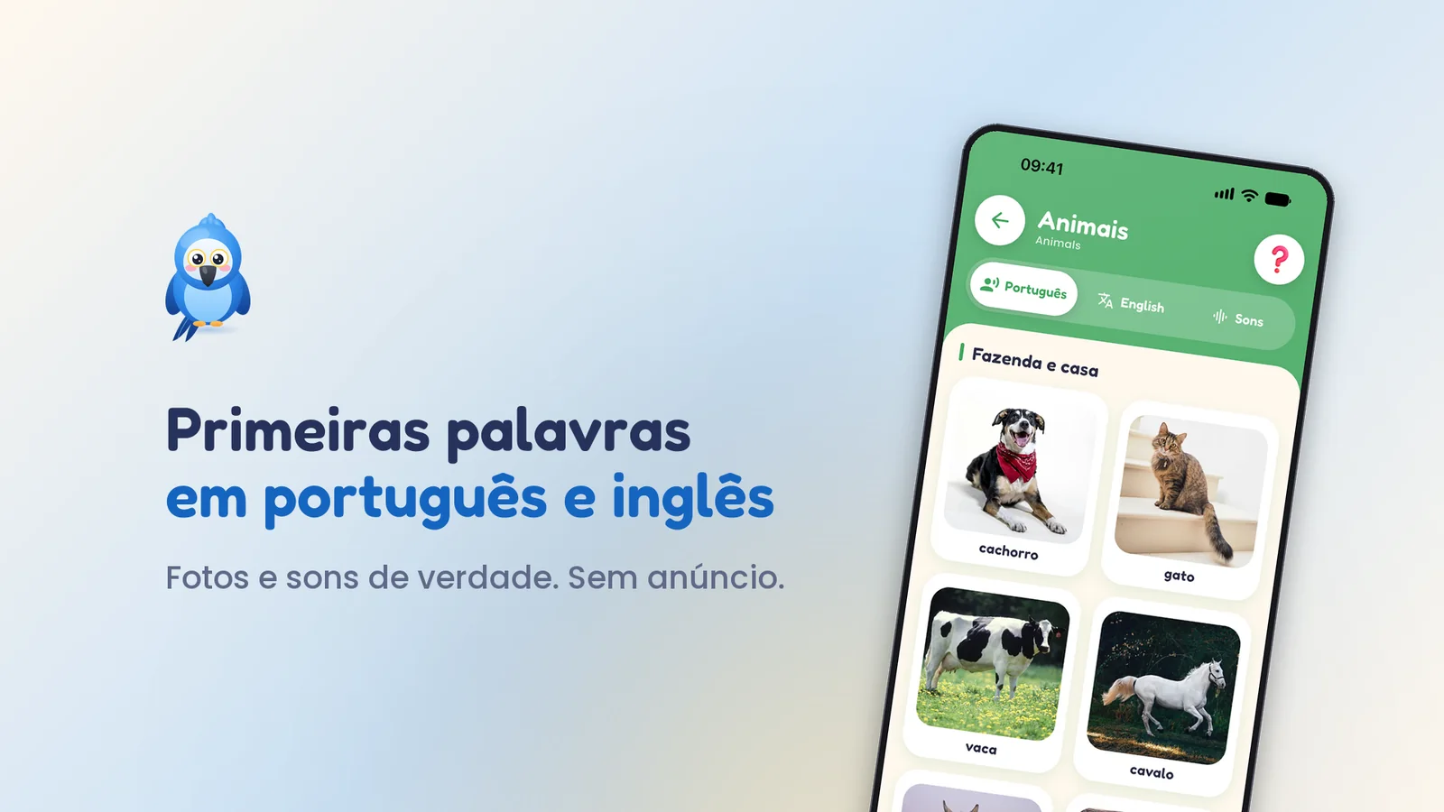 Ararinha — primeiras palavras em português e inglês. Fotos e sons de verdade. Sem anúncio.