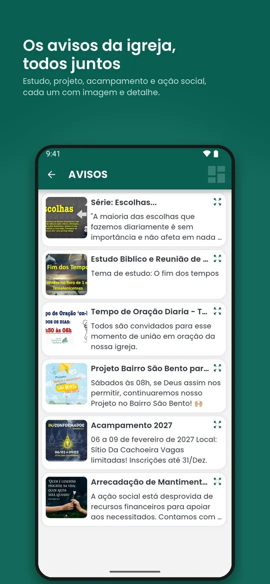 Avisos da igreja: estudo, projeto social, acampamento, cada um com imagem e detalhe