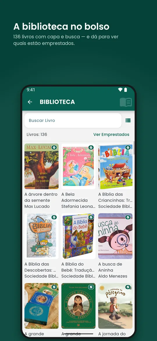 Biblioteca: o acervo com capa, busca e os livros emprestados