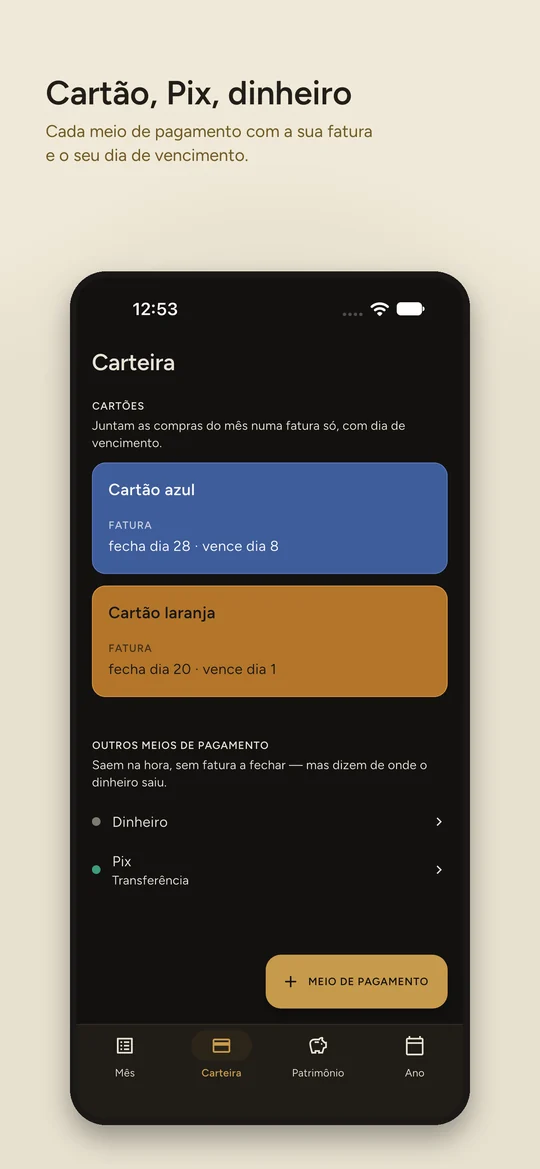 Carteira: cartões, Pix e dinheiro, cada um com o seu vencimento
